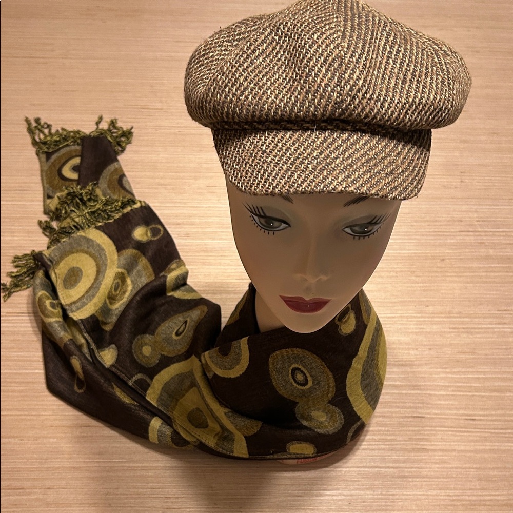 Rue21 Brown Tweed Cap with Patterned Scarf